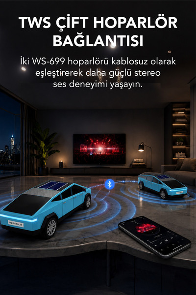 Teknoloji Gelsin WS-699 Cybertruck Model Bluetooth Hoparlör | TWS Stereo | Güneş Enerjili Şarj | USB / TF Kart / AUX / FM Radyo