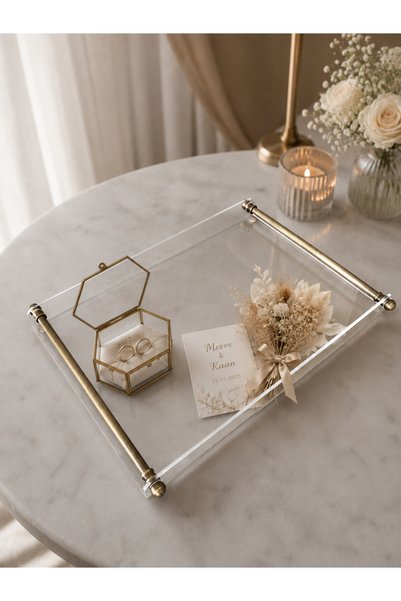 Tanrıkulu Design Boru Handle Plexiglass Tray for 4-6 People/Coffee-Tea Presentation Tray (Antique Gold)
