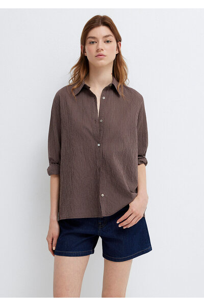 Mavi Çizgili Kahverengi Gömlek Loose Fit / Bol Rahat Kesim 1211598-91456