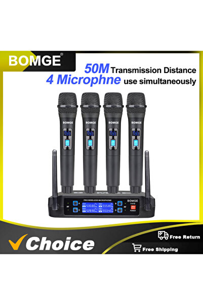 BOMGE V-410-EU 4 Channel Wireless Microphone System Cordless Mic Set With Fou...