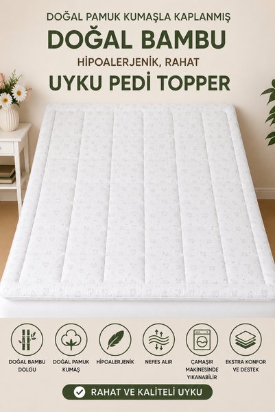 homewell %100 Saf Bambu Hipoalerjenik Çift Kişilik Yatak Pedi Topper Diamond