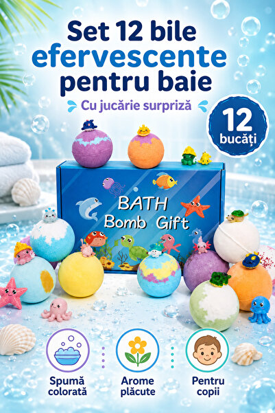 Solvero Set 12 bile efervescente pentru baie, cu jucarie surpriza, spuma colo...
