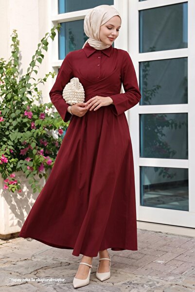 InStyle Belt Detailed Shirt Collar Claret Red Dress