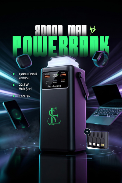 EN SİGA Kamp Powerbank Fenerli 80000 mAh 22.5W Hızlı Şarj Dahili Kablolu