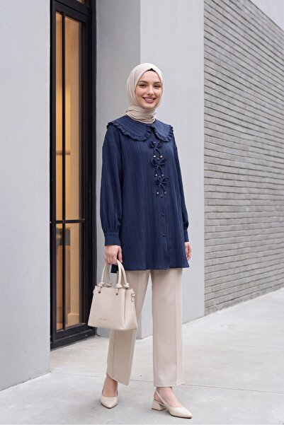 Modamorfo Buttoned Shirt with Ribbon Detail on the Front - Navy