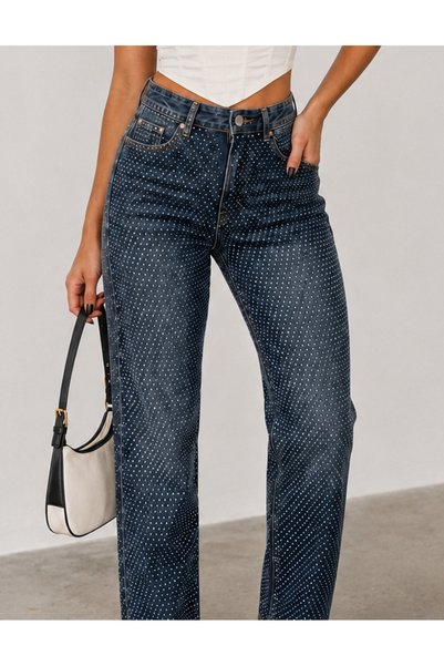 SHEVEGA Kadın Yeşil Tint Yıkama Taş Detaylı Boyfriend Mom Jeans Kot Pantolon