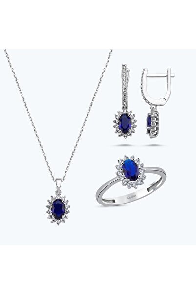 Altınbaş Altın Üçlü Mavi Taşlı Oval Set