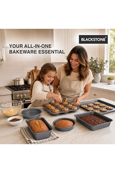 Blackstone Nonstick Oven Bakeware Set 6 Pcs, Carbon Steel Baking Tray Set with Cake Pan, Muffin Pan, Loaf Pan, Cookie Sheet & 2 Round Pizza Pans