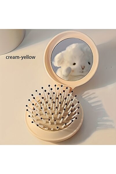 Choice cream-yellow Mini Portable Folding Travel Hair Brush with Mirror for W...