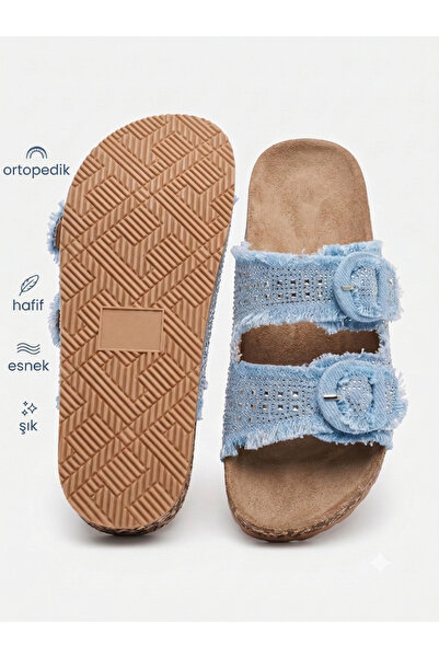 birr bazaar Women's Orthopedic Double Buckle Denim Slippers with Tassels and ...