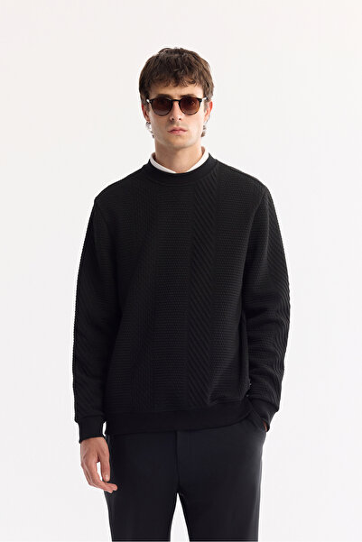 Avva Men's Black Crew Neck Textured Elastane Regular Fit Sweatshirt A52Y1220