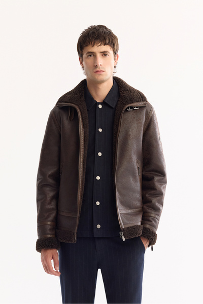 Avva Men's Brown Fur Collar Leather Look Comfort Fit Napa Coat A52Y6060