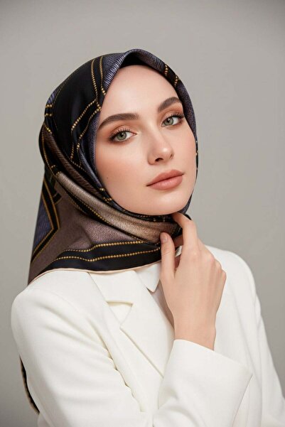 Vissona 100% Twill İpek Gold Detaylı Kare Desenli Gri - Bej Renkli 90x90 Diki...