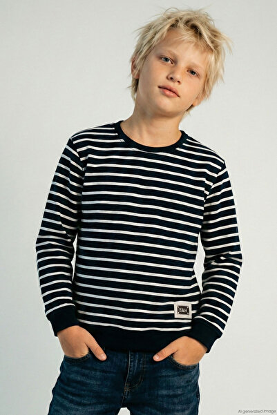 Breeze Boy's Sweatshirt with Emblem Detail Striped Ages 4-8, Navy Blue
