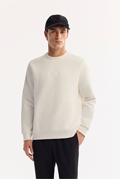 Avva Men's White Crew Neck 3 Thread Raised Sweatshirt B 001033