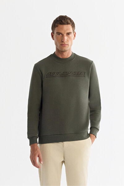 Avva Men's Khaki Crew Neck 3 Thread Raised Printed Regular Fit Sweatshirt A42...