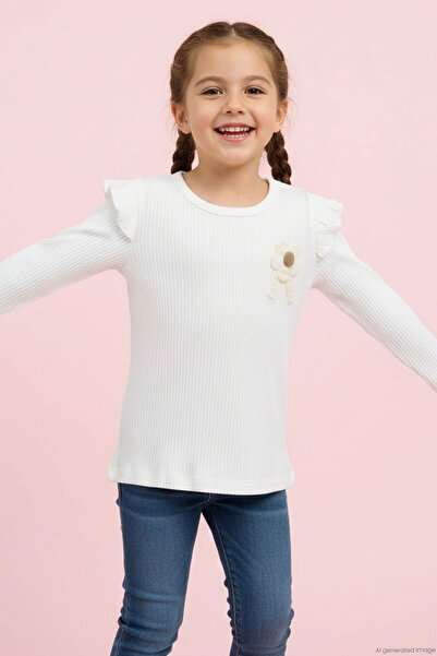 Breeze Girl's Long Sleeve T-Shirt with Floral Embroidery Detail and Ruffled S...