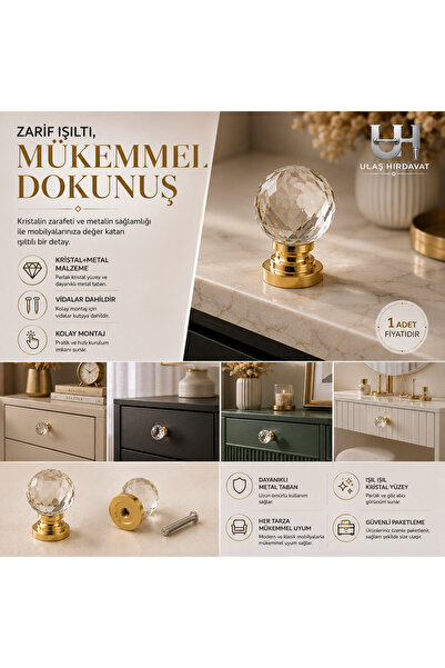 Ulaş Hırdavat Lüx Kristal Şeffaf Premium Tek Delikli Tek Vidalı Mobilya Kulpu...