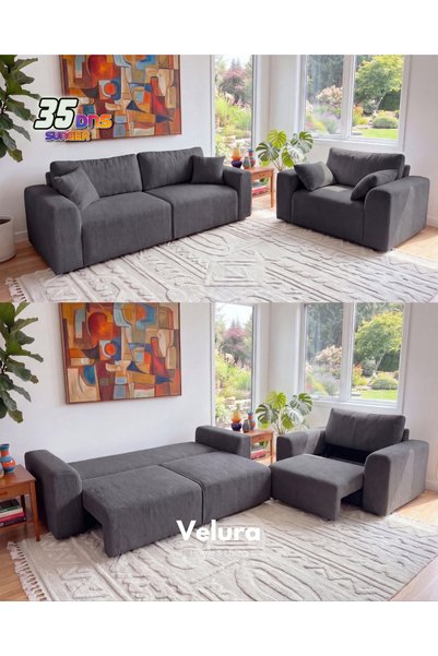 Velura Home & Living Sora 3+1 Yataklı ve Sandıklı Koltuk Takımı - Antrasit