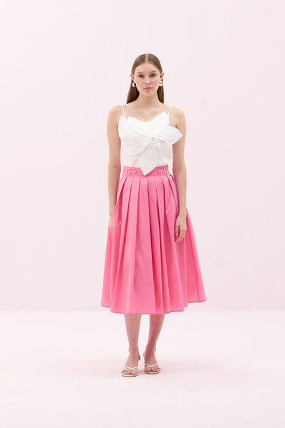 Roman Toka Detaylı Pileli Tafta Midi Boy Etek Pembe Y2515046_038