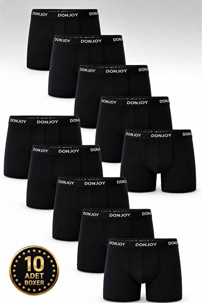 don joy Erkek 10'lu Pamuklu Likralı Penye Beli Lastikli Siyah Boxer