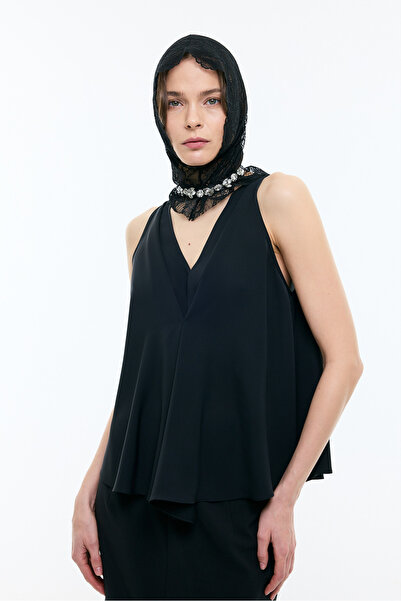 Roman Derin V Yaka Kolsuz Bluz Siyah YY013033_001