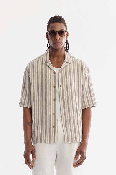 Avva Men's Ecru Openwork Lapel Collar 100% Cotton Soft Touch Short Sleeve Com...