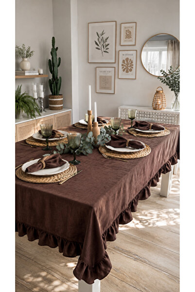 Decamor home Vintage Ruffled Dark Brown Tablecloth, Carefree and Stain-Resist...