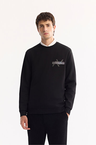 Avva Men's Black Crew Neck Cotton Bi-Stretch Printed Regular Fit Sweatshirt A...