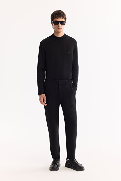 Avva Men's Black Side Elastic Bi-Stretch Lightly Striped Slim Fit Trousers A5...