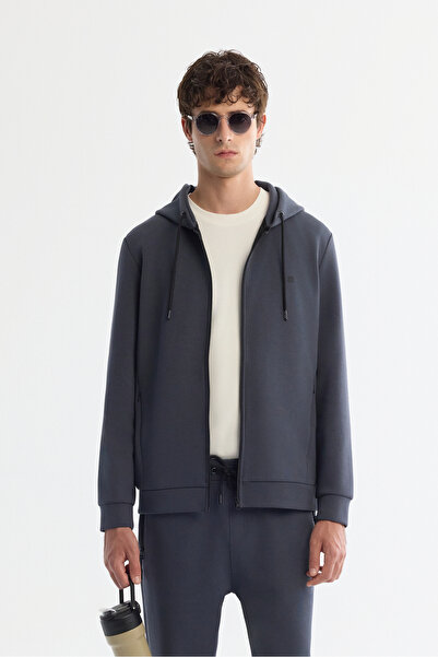 Avva Men's Anthracite Hooded Interlock Fabric Zippered Sweatshirt B 001102