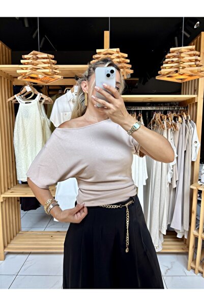 Gözde Tasarım Butik Women's Stone Cream Color Boat Neck Short Sleeve Modal Bo...