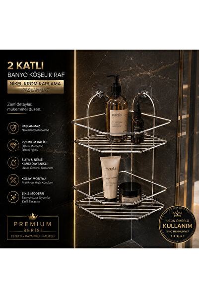 Ömür Boyu Paslanmaz Krom Defne 2li Köşelik Metal Banyo Rafı Düzenleyici Organizer