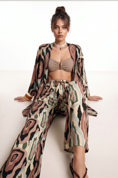 Lovelyİstanbul Set pantaloni kimono din viscoză de vară cu model LRN0013 KHAK...