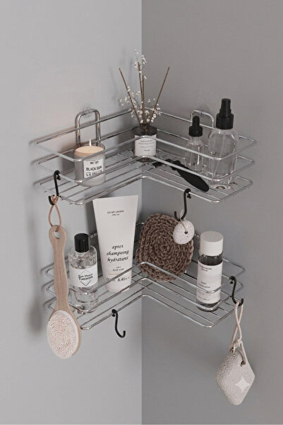 EVA METAL TASARIM Krom Gümüş 2li Banyo Rafı Köşeliği Köşe Rafı Yapışkanlı Duş...
