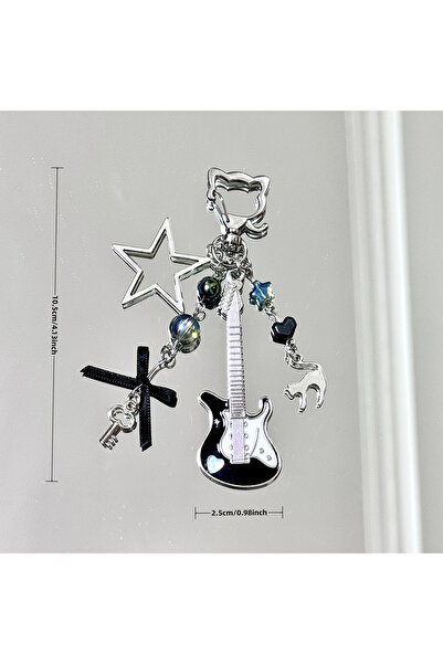 Choice black Y2K Cat Guitarist Keychain. Handmade Beaded Guitar with Black Ca...