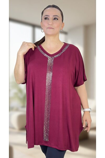 yagmurberen Stone Embellished Detail Circular Neck Short Sleeves Loose Fit Vi...