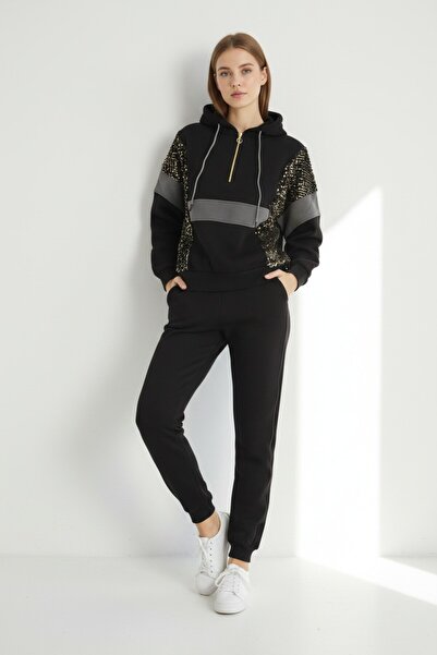 Piyera Women's Black 3 Thread Zippered Hooded Sequin Sequin Embroidered Elast...