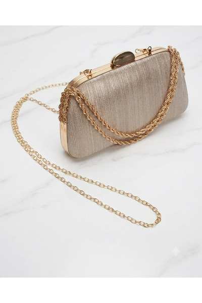 selma demir Simli Kumaş Gold Zincir Askılı Portföy Model Clutch Kadın Çanta