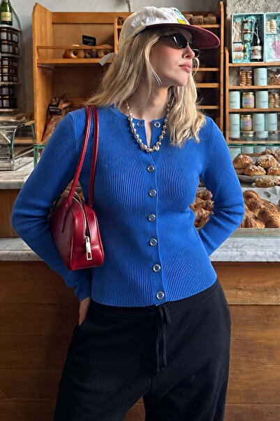 Madmext Dark Blue Snap Closure Knitwear Women's Cardigan Mg2579