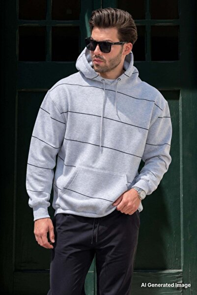 Madmext Karmelanj Hooded Pocket Detailed Striped Men's Sweatshirt 7063