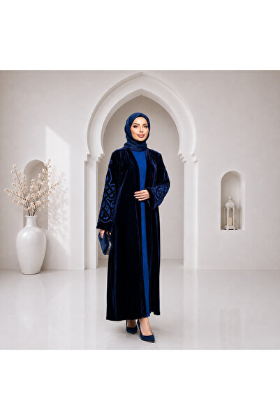 Muslima Wear Saks Mavisi Japon Kadife Oryantal Desen Kollar Nakış İşlemeli Bi...