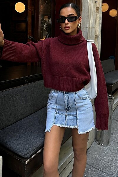 Madmext Burgundy Women's High Top Knitwear Sweater Mg2255