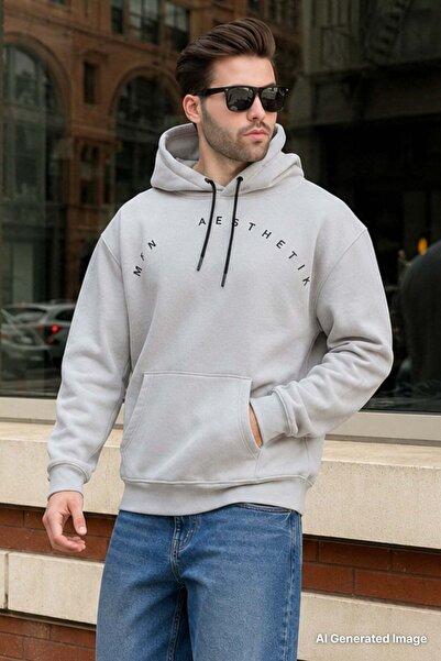 Madmext Painted Gray Hooded Embroidered Men's Sweatshirt with Pocket Detail 7054