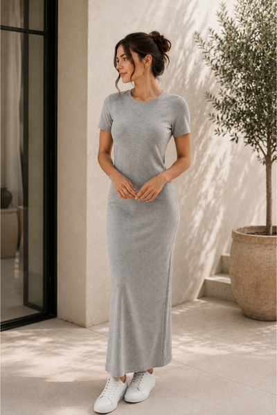 mirach Short Sleeve Ribbed Maxi Dress |   Crew Neck Relaxed Cut Knitwear Fera...