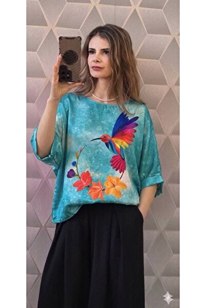 Azara Bluze satinate cu maneca scurta pe croi larg Jenny - Turcoaz
