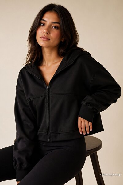 Madmext Black Zip Hooded Long Sleeve Short Cardigan Mg2214
