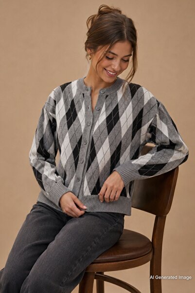 Madmext Gray Argyle Patterned Crew Neck Women's Cardigan Mg2496
