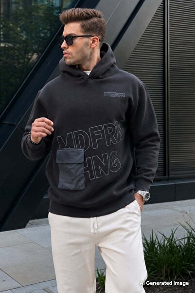 Madmext Black Printed Hooded Sweatshirt 6148