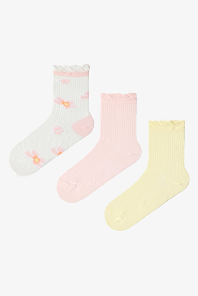 Penti Pembe - Sarı Ruffle Floral 3'lü Soket Çorap